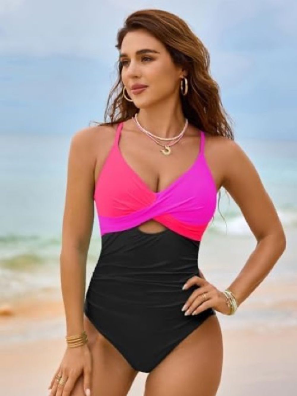 Popvil Colorblock Pink & Black One-Piece Swimsuit